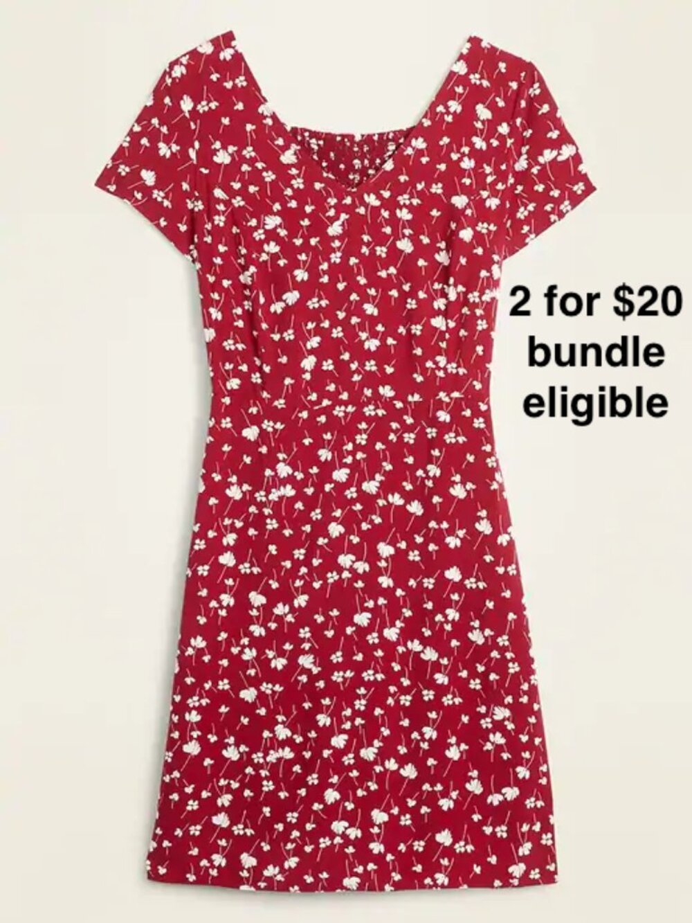 Old Navy Red Floral Smocked-Back Fit & Flare Short Sleeve V-Neck Dress
